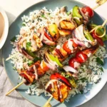 Halloumi &Vegetable Skewers with Pomegranate Tahini Sauce