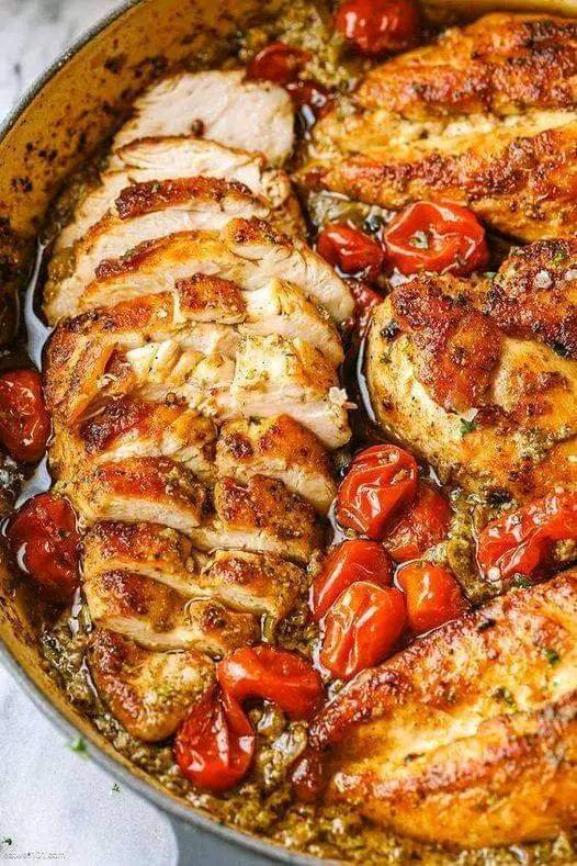 Creamy Pesto Chicken With Roasted Tomatoes