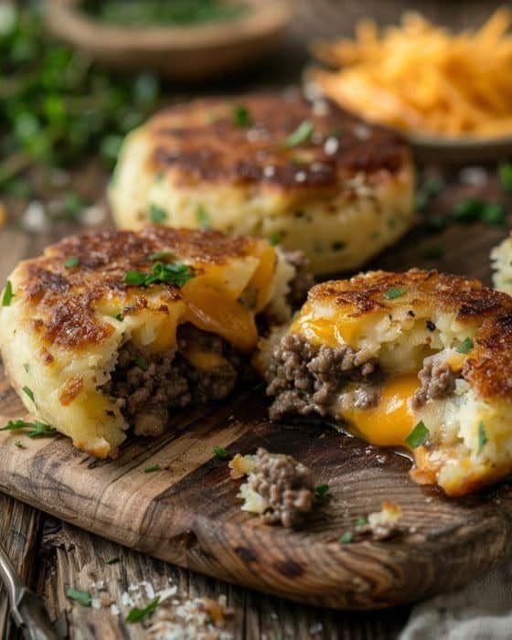 Cheesy Beef Stuffed Potato Cakes