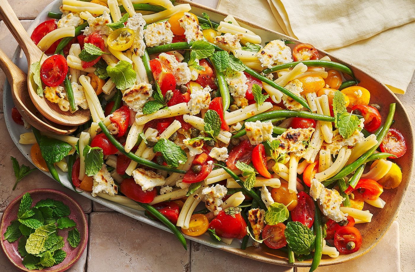 Baked ricotta, tomato and green bean pasta salad recipe