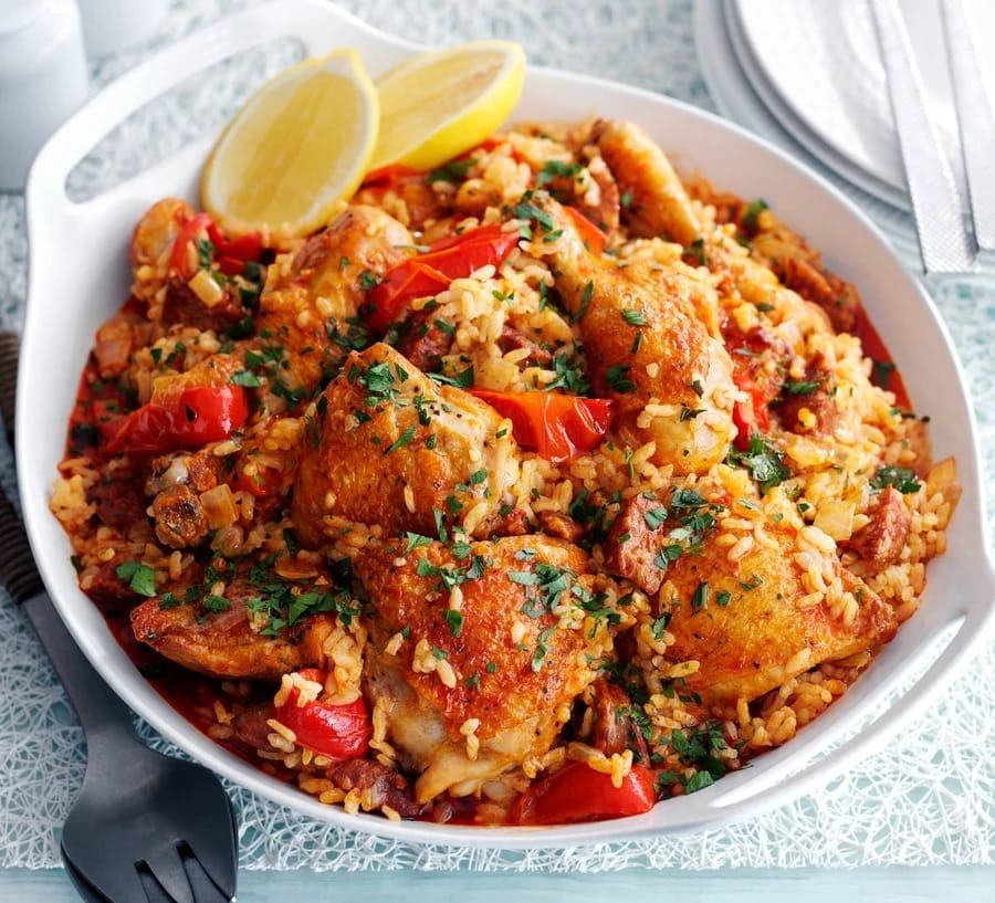 Baked Spanish rice with chicken and chorizo