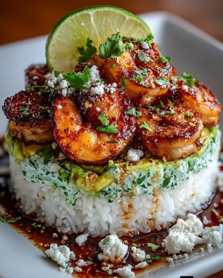 Honey Lime Shrimp & Avocado Rice Stack with Cilantro Garlic Sauce ...