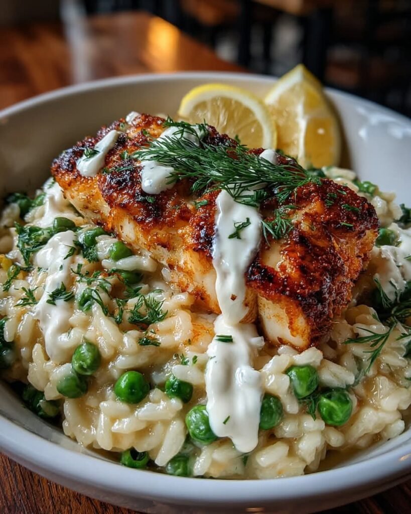 Sheet Pan Cod and Spring Pea Risotto with High-Protein Lemon-Herb Crema ...